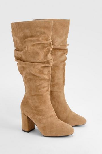 Wide Fit Slouchy Block Heel Faux Suede Boots taupe