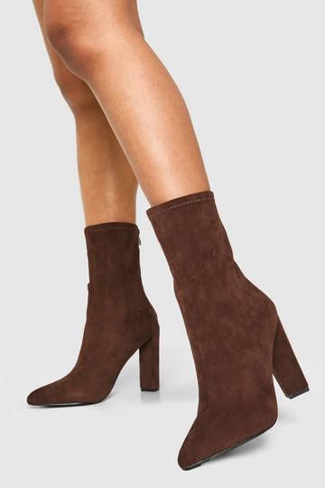 Chocolate Brown Pointed Block Heel Sock Boots