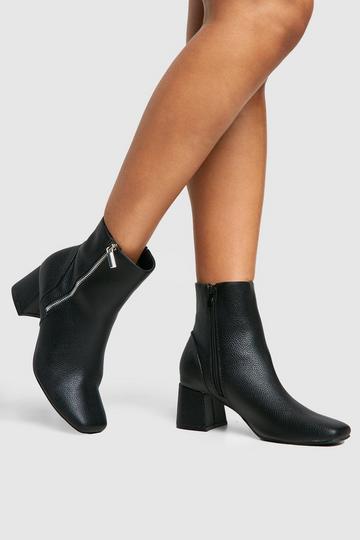 Textured Side Zip Low Block Heel Boots black