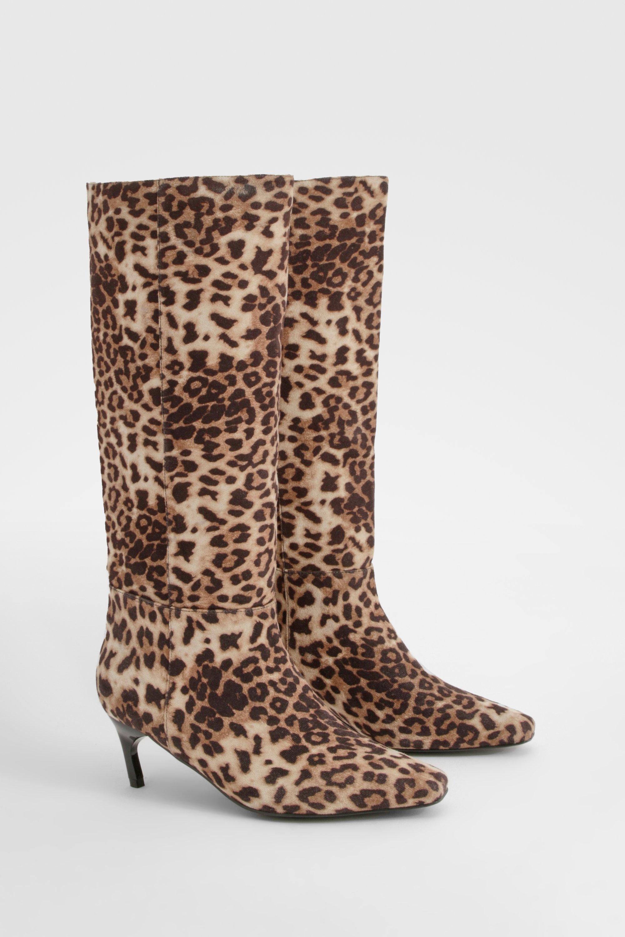 Wide Width Leopard Print Low Square Toe Knee High Boots