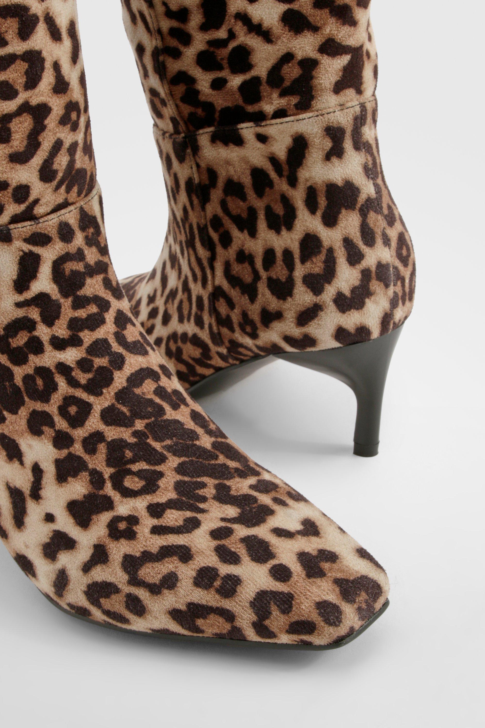 Wide Fit Leopard Print Low Square Toe Knee High Boots