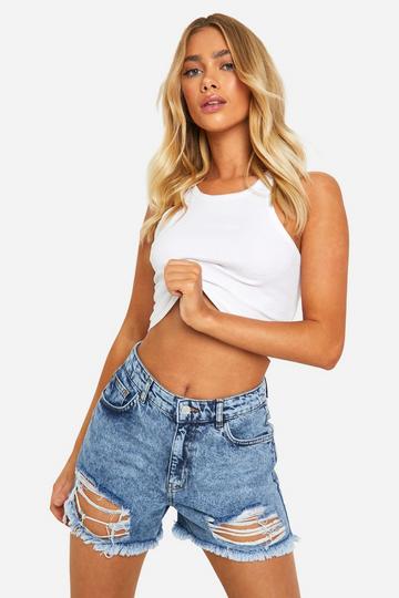 Distressed Hem Longline Denim Shorts vintage wash