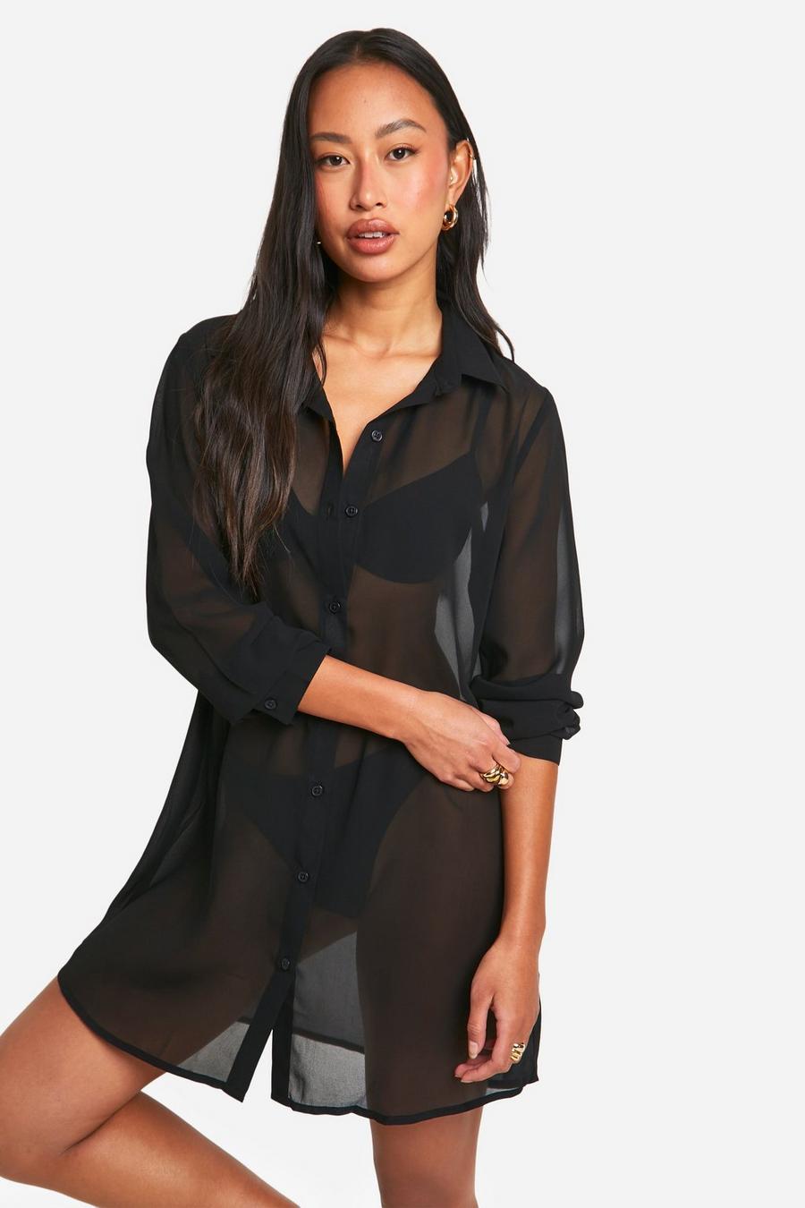 Black Chiffon Longline Beach Shirt Dress image number 1