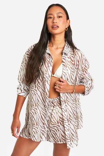 Tiger Chiffon Button Up Beach Shirt cream