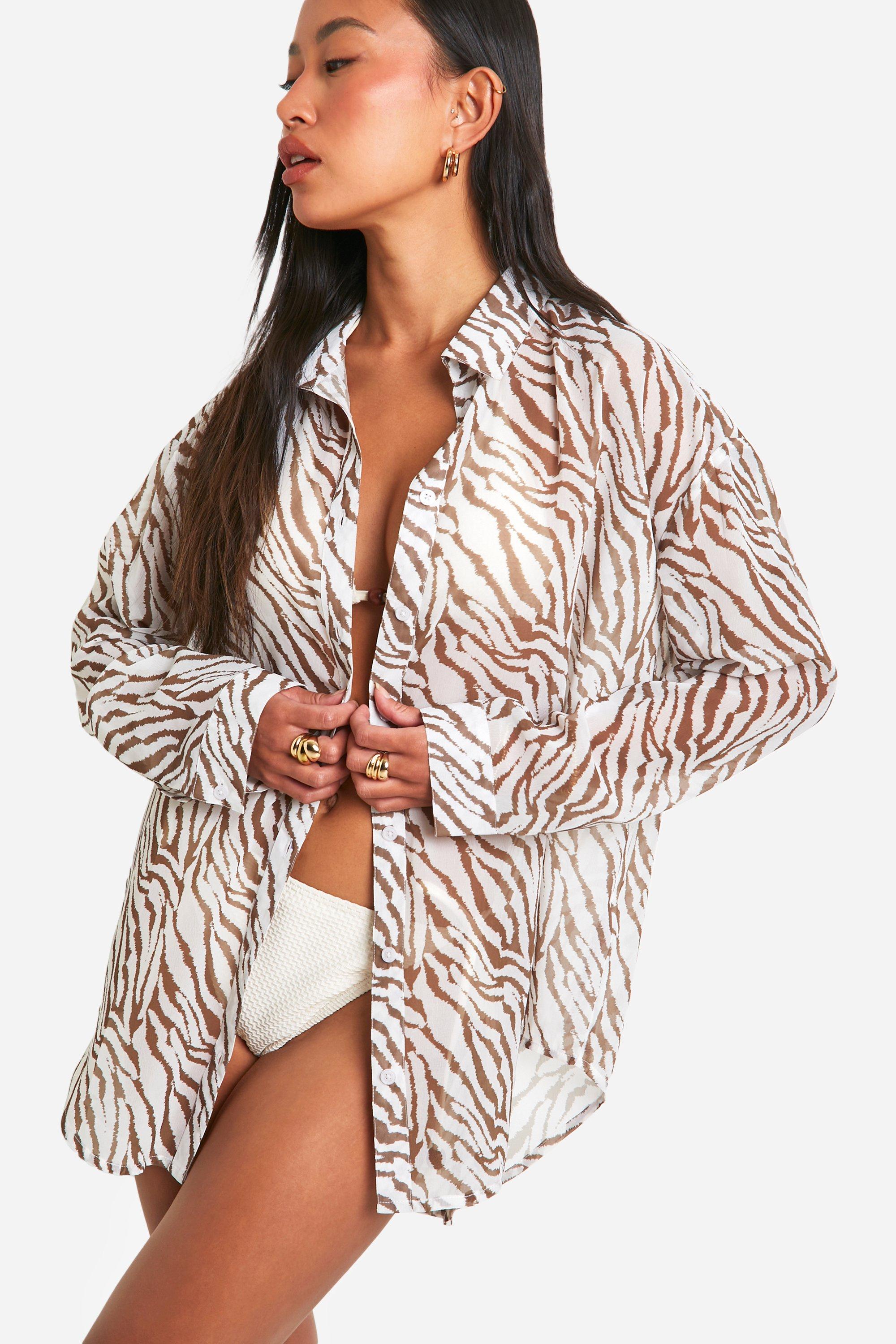 送料無料★boohoo/Zig Zag Open Weave シャツ＆ショーツ セット Tiger Chiffon Button Up Beach Shirt | boohoo