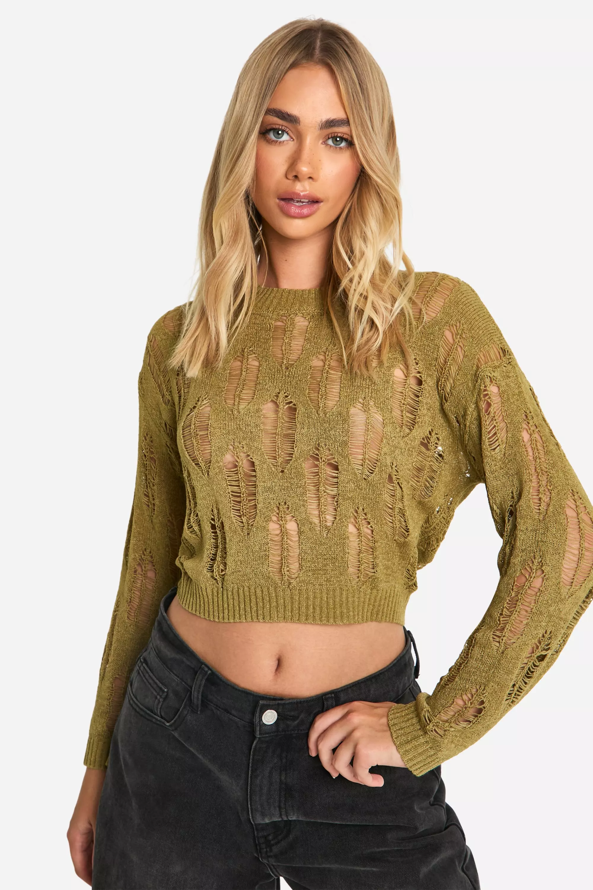 Khaki Ladder Detail Sheer Jumper  alternative image