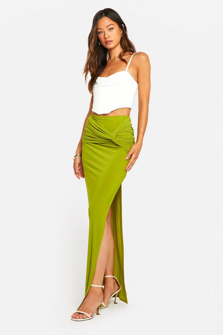Lime Tall Double Slinky Twist Detail Maxi Skirt  image number 1