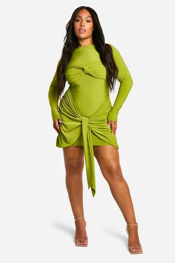 Plus Double Slinky Ruched Tie Bodycon Dress lime