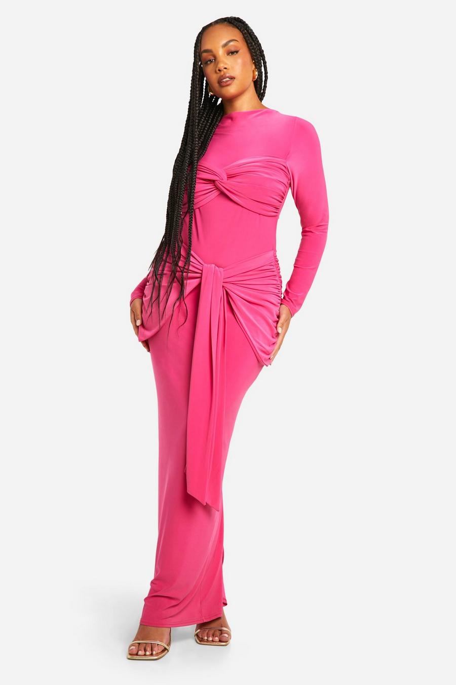 Hot pink Plus Double Slinky Ruched Tie Maxi Dress
