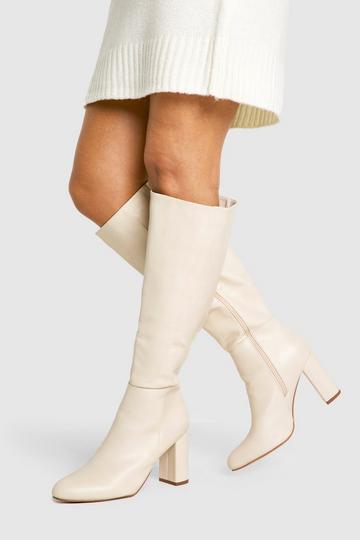 Wide Fit Block Heel Knee High Pull On Boots ecru