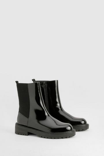 Wide Fit Ankle Detail Textured Patent Chelsea Boots black