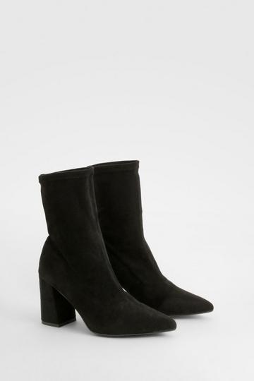 Black Block Heel Faux Suede Pointed Sock Boots