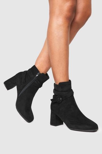 Black Buckle Detail Faux Suede Block Heel Ankle Boots