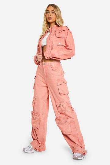 Pink Acid Wash Denim Cargo Jeans pink