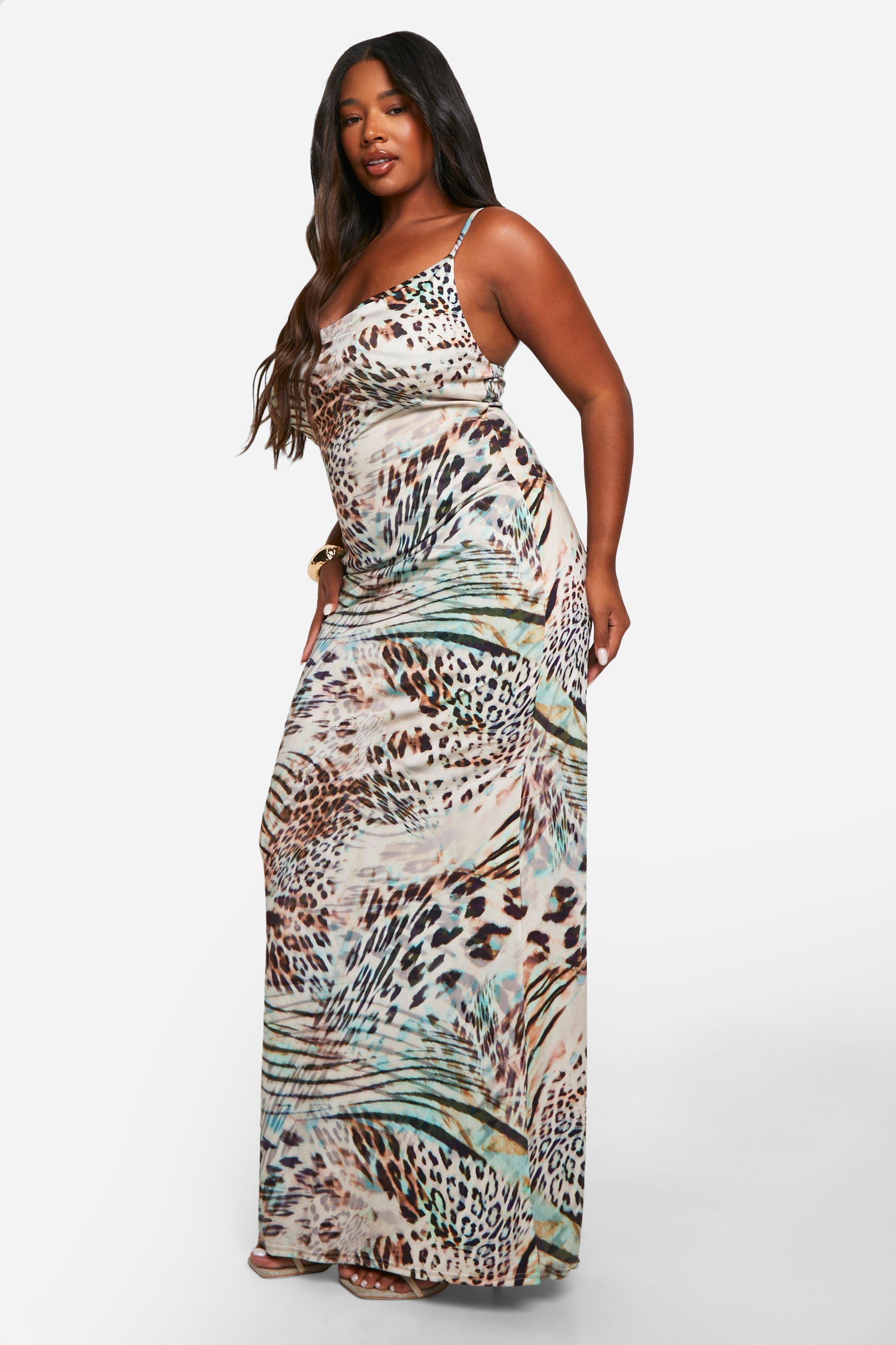 Grande taille Robe longue soyeuse a imprime leopard