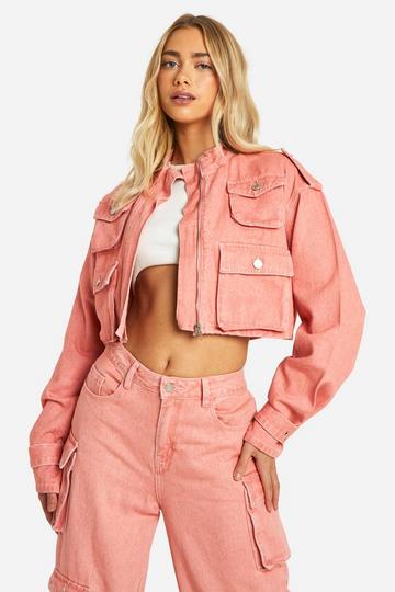 Pink Acid Wash Cargo Crop Denim Jacket pink