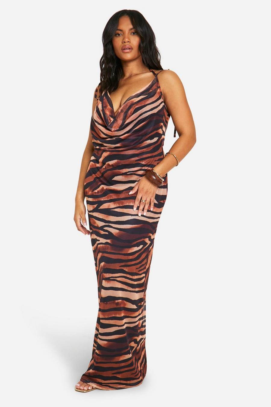 Plus Zebra Print Cowl Neck Maxi Dress  image number 1