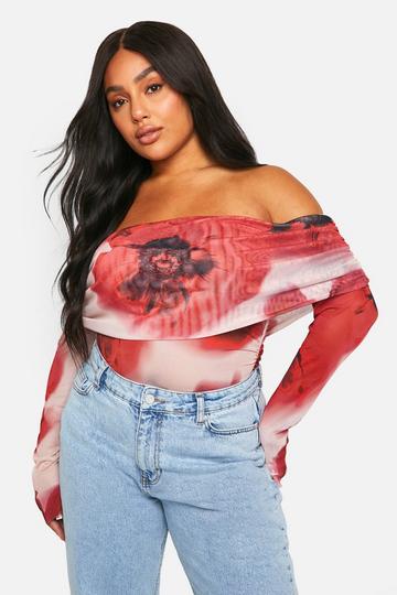 Plus Bardot Mesh Off Shoulder Top floral