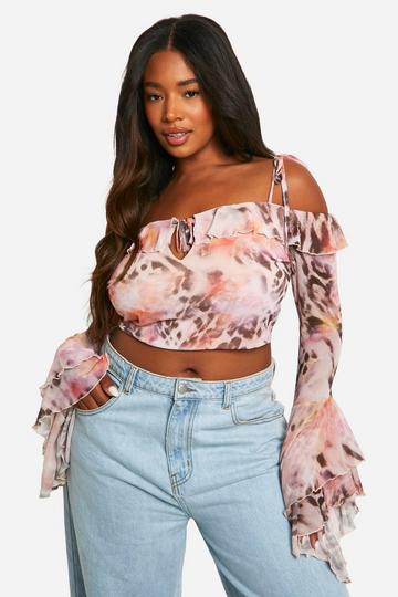 Multi Plus Leopard Mesh Ruffle Top