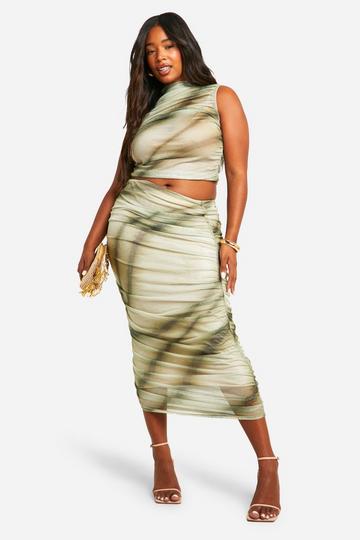 Plus Printed Ruched Midaxi Skirt green