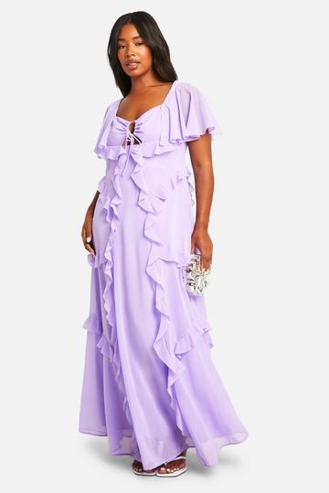 Lilac Purple Plus Angel Sleeve Keyhole Ruffle Maxi Dress