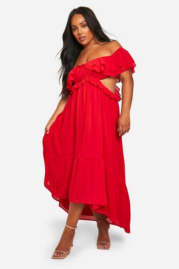 Plus Ruffle Cold Shoulder Maxi Dress red