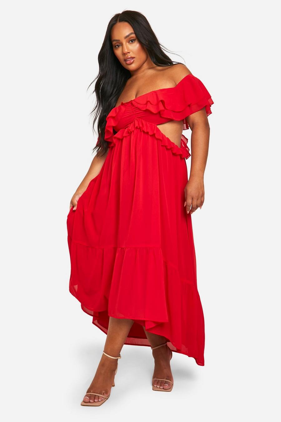 Red Plus Ruffle Cold Shoulder Maxi Dress