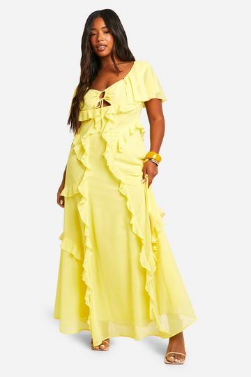 Lemon Yellow Plus Angel Sleeve Keyhole Ruffle Maxi Dress