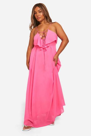 Plus Lace Up Ruffle Front Maxi Dress pink