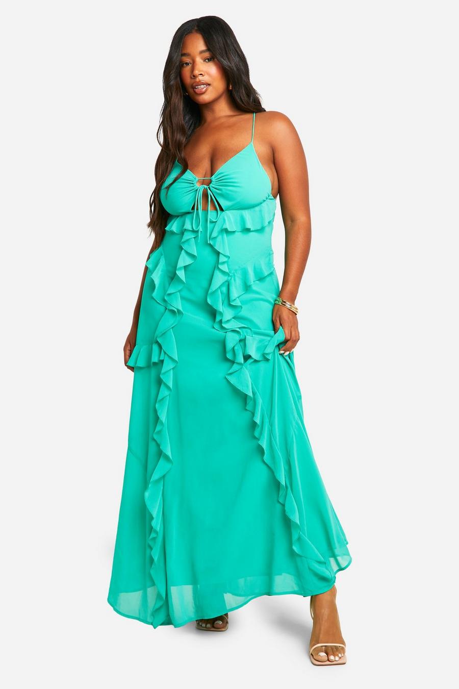 Turquoise Plus Strappy Cut Out Ruffle Front Maxi Dress image number 1