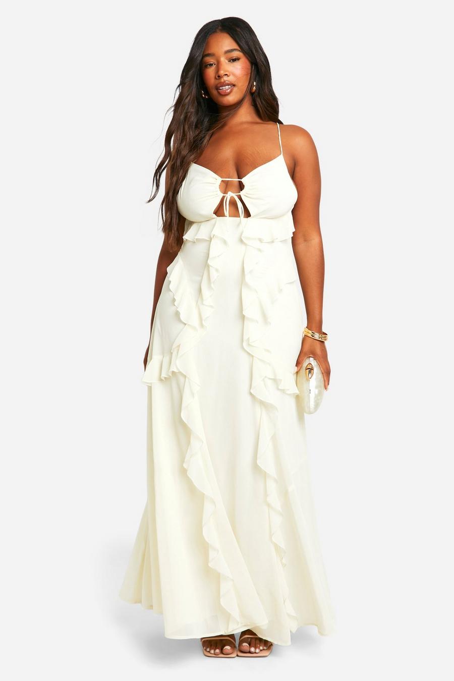 Ivory Plus Strappy Cut Out Ruffle Front Maxi Dress 