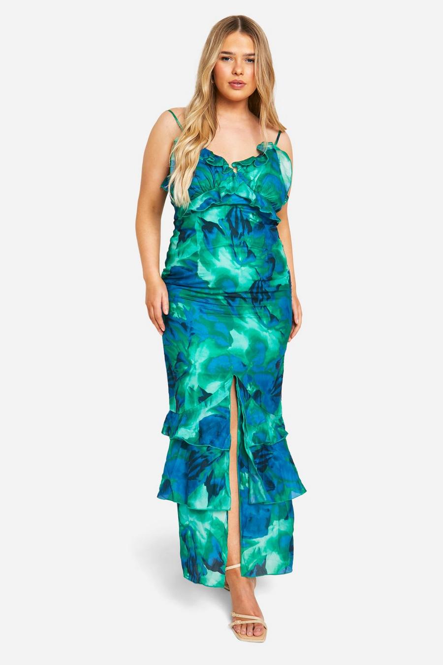 Green Plus Abstract Floral Ruffle Maxi Dress 