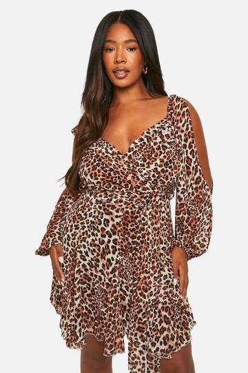 Plus Leopard Godet Hem Lace Up Skater Dress leopard