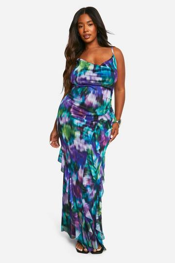 Plus Floral Mesh Ruffle Maxi Dress blue