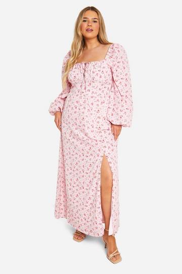 Plus Ditsy Balloon Sleeve Milkmaid Maxi Dress pink