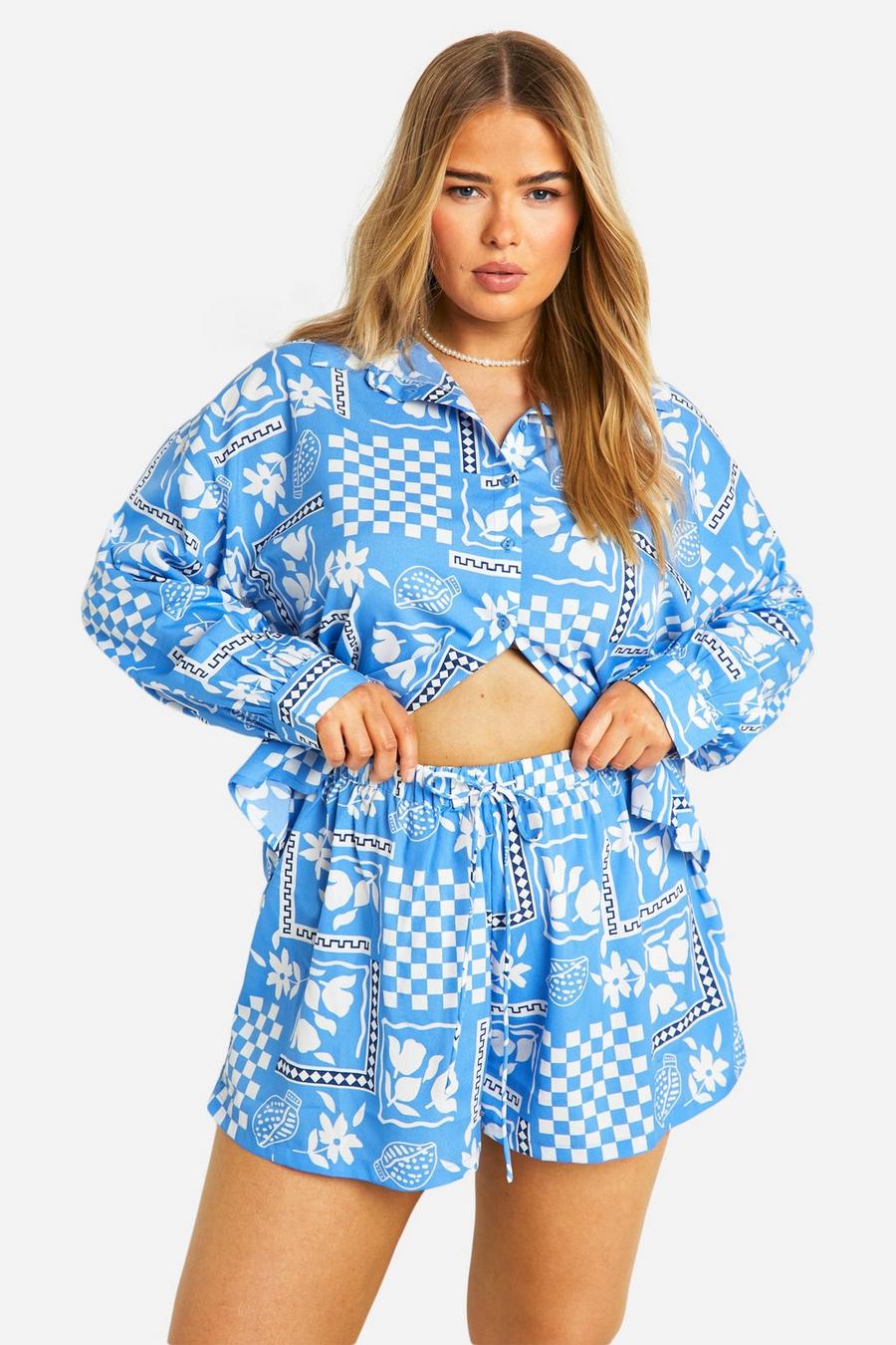 Blue Plus Printed Flowy Shorts image number 1