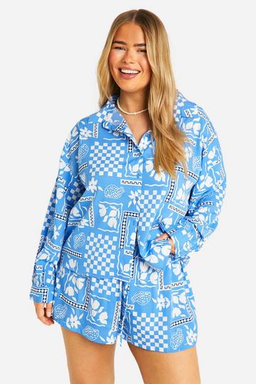 Plus Printed Oversized Shirt blue