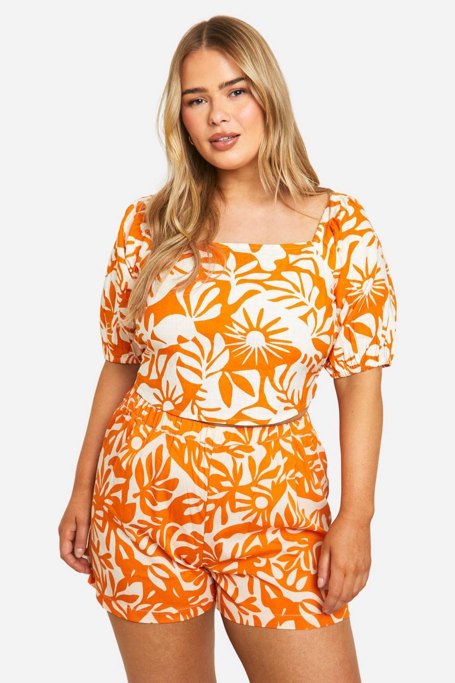 Orange Plus Hawaiian Print Shorts image number 1