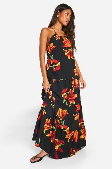 Bloemen Maxi Jurk Met Halter Neck black