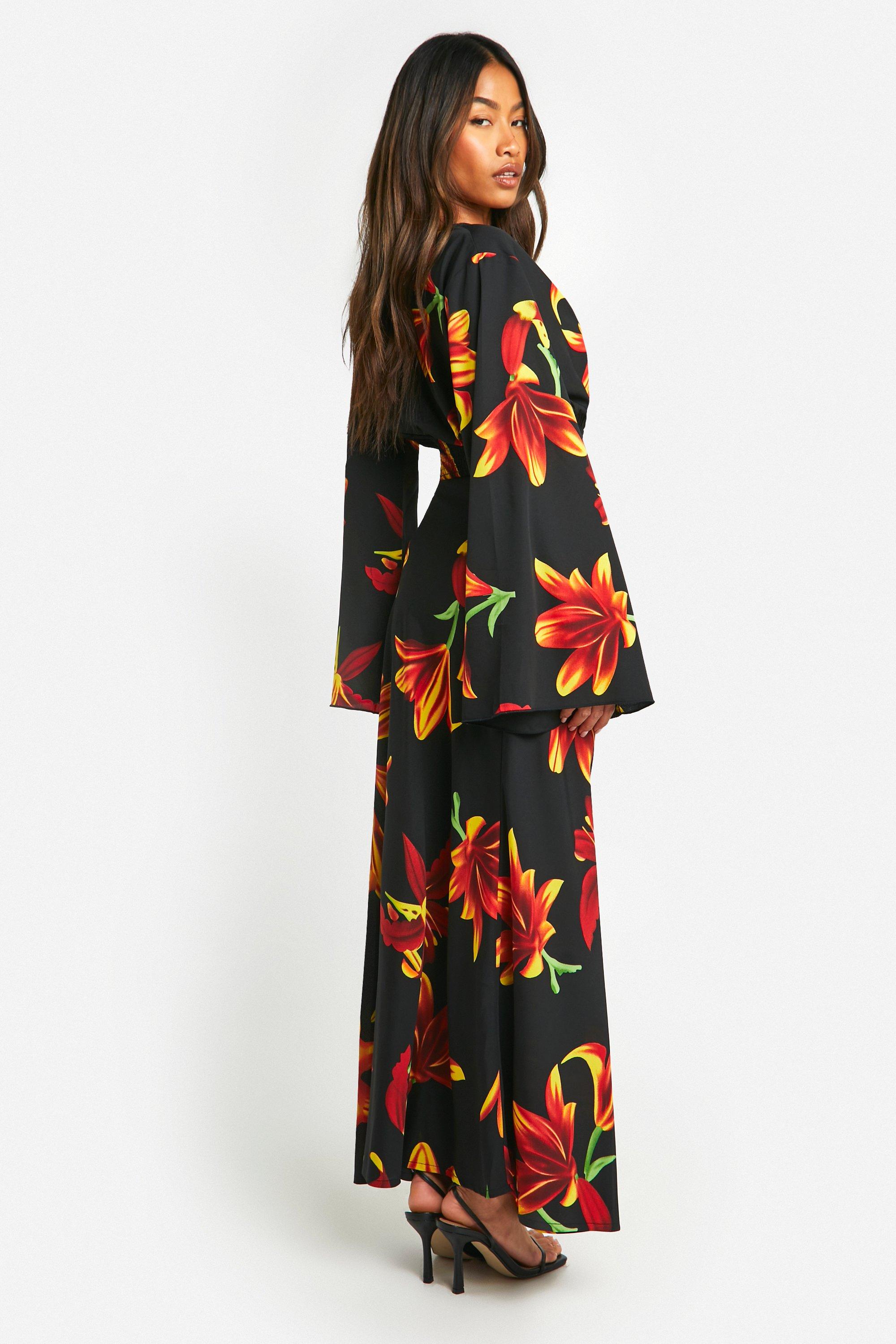 Floral Print Flared Sleeve Crop Maxi Skirt boohoo IE