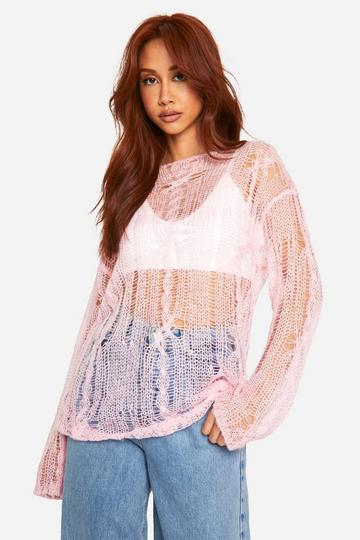 Cable Detail Sheer Oversized Jumper pink