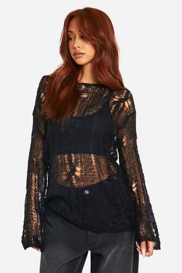 Cable Detail Sheer Oversized Sweater black