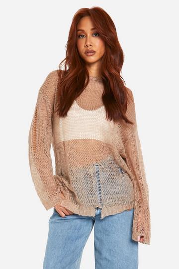 Sheer Distressed Oversized Lightweight Jumper taupe