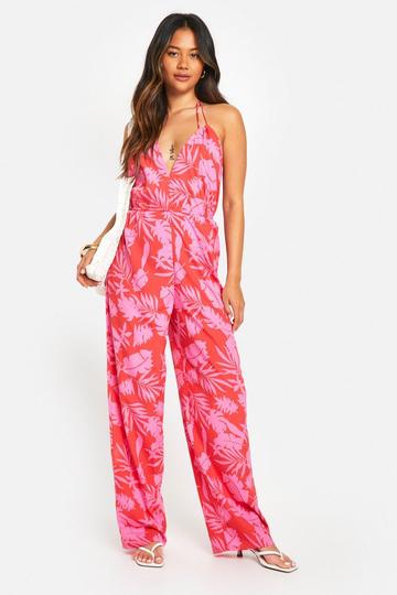 Printed Strappy Jumpsuit red