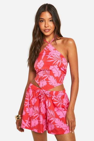 Printed Halter Hanky Hem Top pink