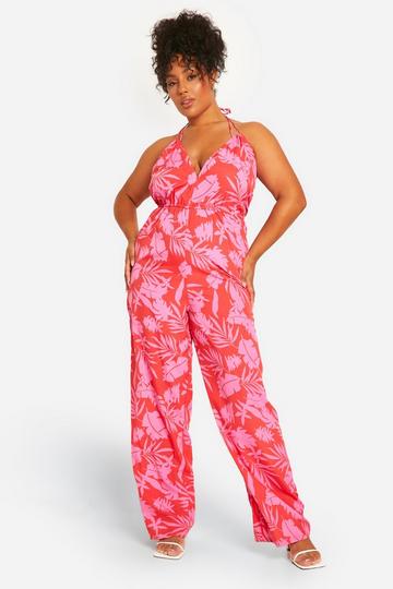 Plus Printed Strappy Jumpsuit red