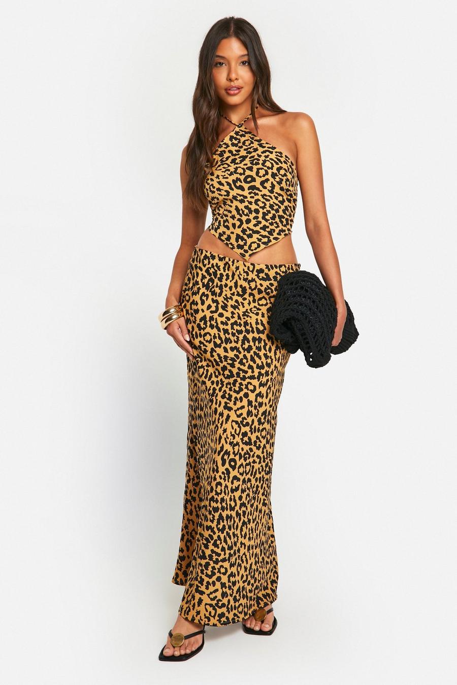 Brown Leopard Print Halter Crop & Flared Maxi Skirt image number 1