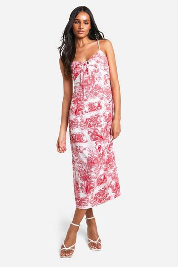 Red Tall Woven Porcelain Print Strappy Midaxi Slip Dress