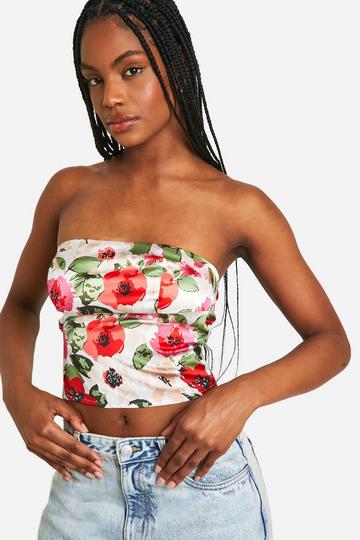 Tall Satijnen Bloemen Bandeau Top red