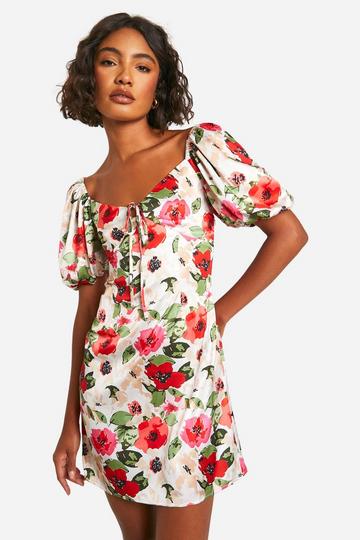 Pink Tall Satin Floral Short Sleeve Mini Dress